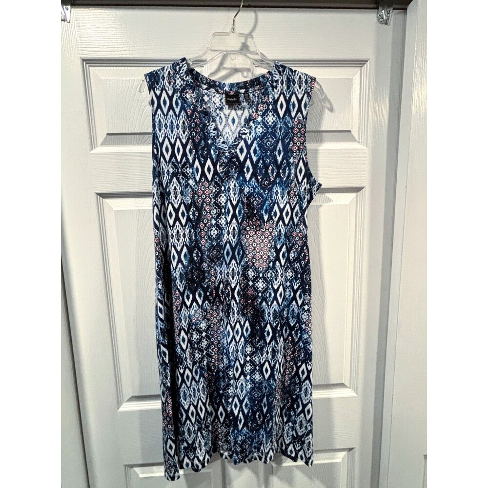 Rafaella Sleeveless V-Neck Shift Dress Blue White Geometric Diamond Pattern XL